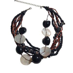 Vintage Statement Necklace Natural Shell Wood Beaded Adjustable Lobster Clasp